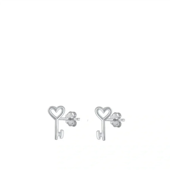 925 Sterling Silver Heart Key Earrings - Picture 3 of 8